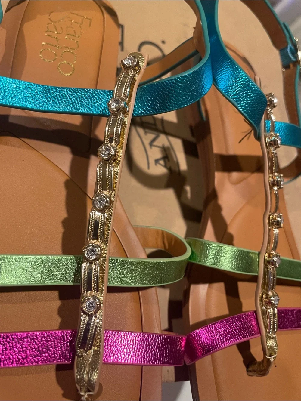 Franco Sarto Teal, Green & Magenta Jewel T-Strap Sandals